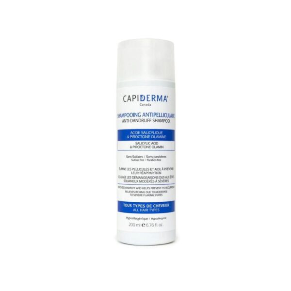 CAPIDERMA SHAMPOOING ANTIPELLICULAIRE ACIDE SALICLYLIQUE & PIROCTONE OLAMINE TOUS TYPES DE CHEVEUX SANS SULFATTE SANS PARABENES 200 ML