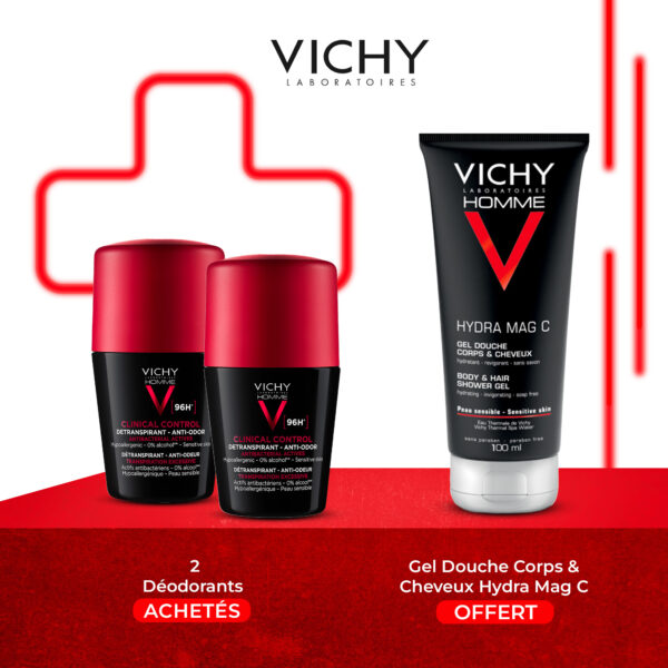 PACK VICHY HOMME DÉODORANT CLINICAL CONTROL 96H 50ML*2+GEL DOUCHE 100ML OFFERT